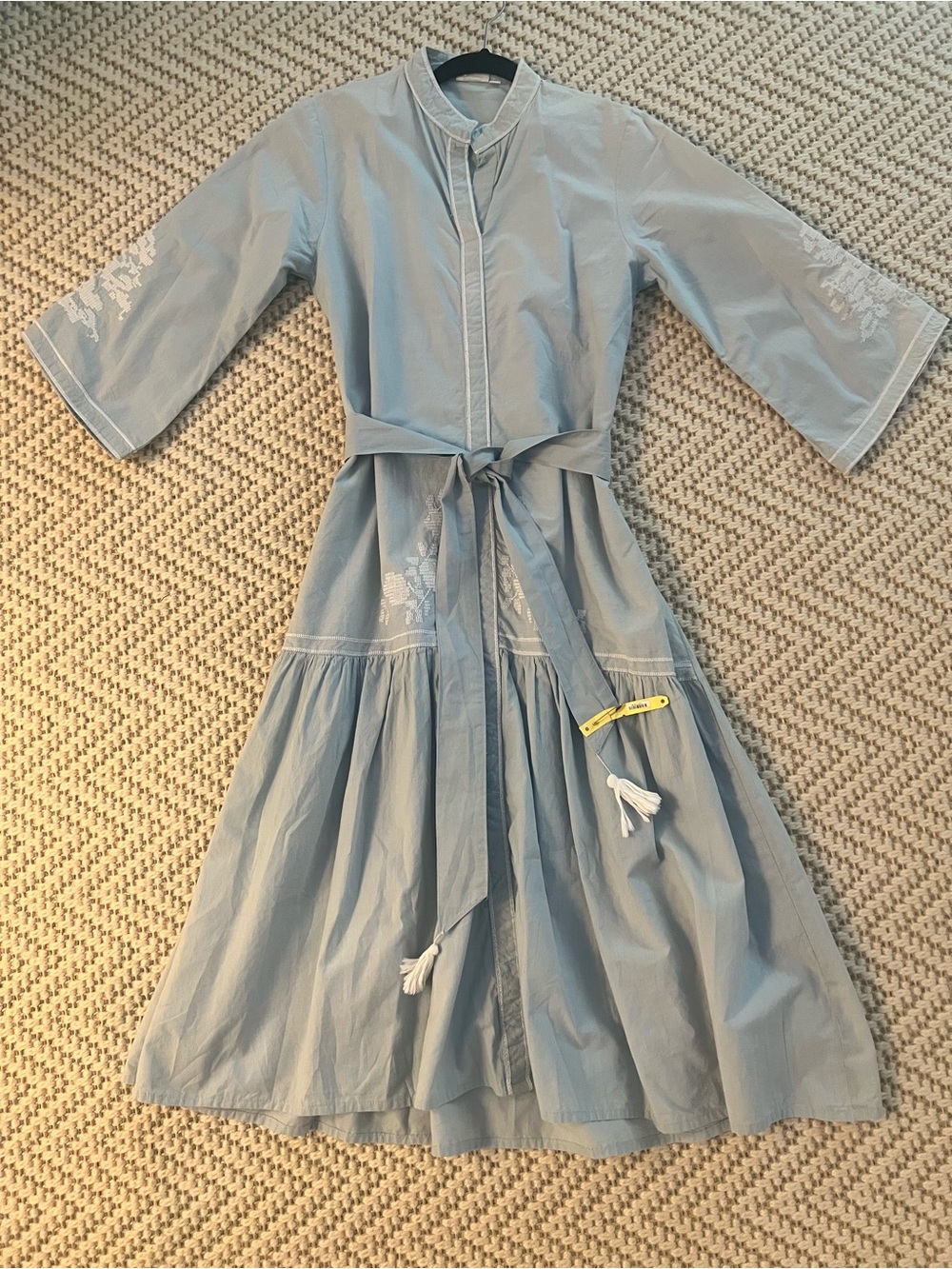 Julia Amory Light Blue Tiered Midi Dress Caftan Embroidered with Tie Waist